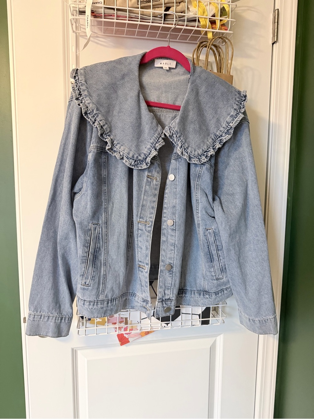 MARBLE Light Blue Denim Jacket with Ruffle Collar